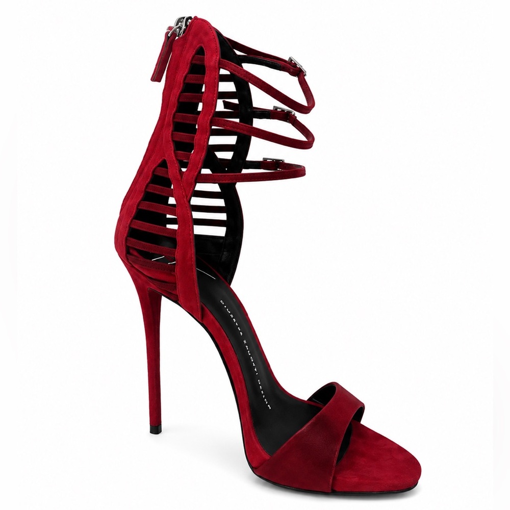 Giuseppe Zanotti Red Suede Multi-Strap Stiletto Sandals - Picture 2 of 5